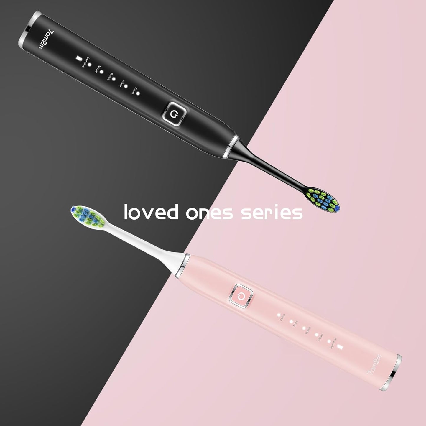 7AM2M Electric Toothbrush 2 Pack Set for Kids and Adults, 12 Brush Heads,5 Adjustable Modes, Built-in 2-Minute Smart Timer,Wireless Fast Charge for 60 Days,IPX7 Waterproof SonicToothbrush(Black+Pink)