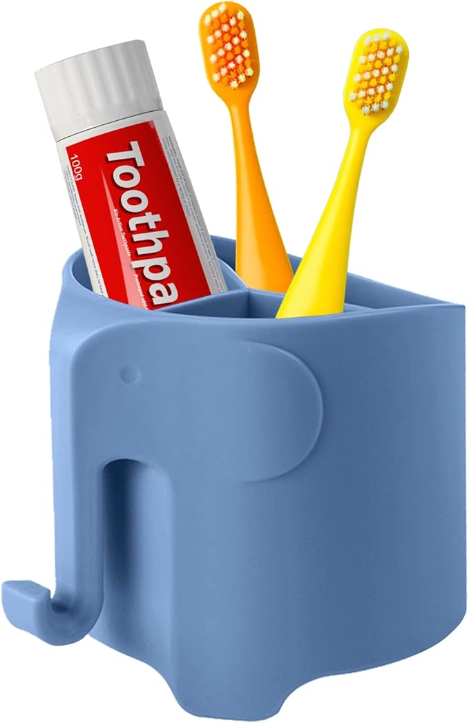 RyanLemon Elephant Toothbrush Holder for Toddler, Suction Cup Cute Toothbrush Holder for Kids, for Bathroom, with 3 Slots and 1 Hook, Sky Blue