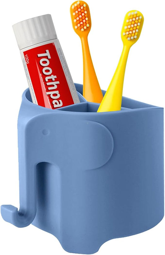 RyanLemon Elephant Toothbrush Holder for Toddler, Suction Cup Cute Toothbrush Holder for Kids, for Bathroom, with 3 Slots and 1 Hook, Sky Blue