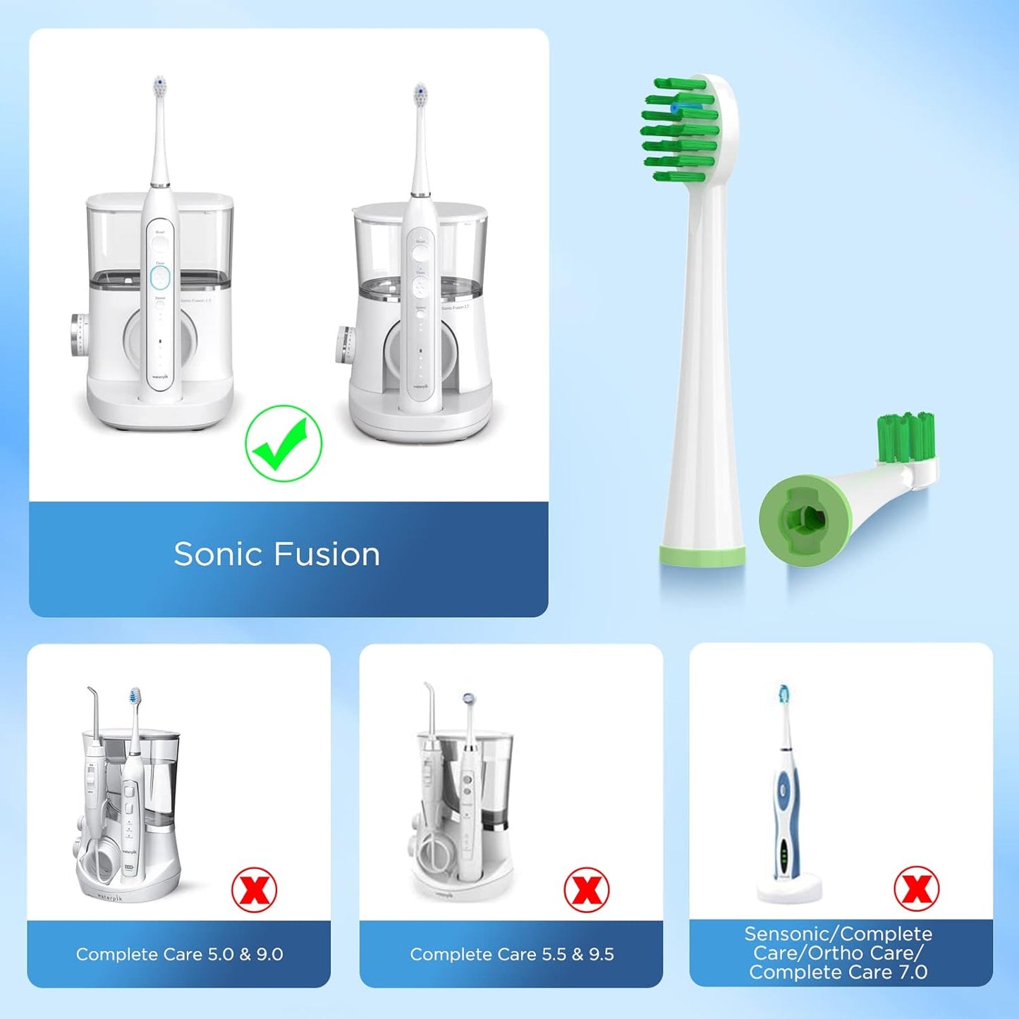 Replacement Toothbrush Heads for All Waterpik Sonic Fusion Models (SF-01, SF-02, SF-03, and SF-04 Series), Compact, with Covers, 10 Count, White