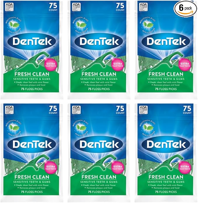 DenTek Fresh Clean Floss Picks, for Extra Tight Teeth, 75 Count, (Pack of 6)