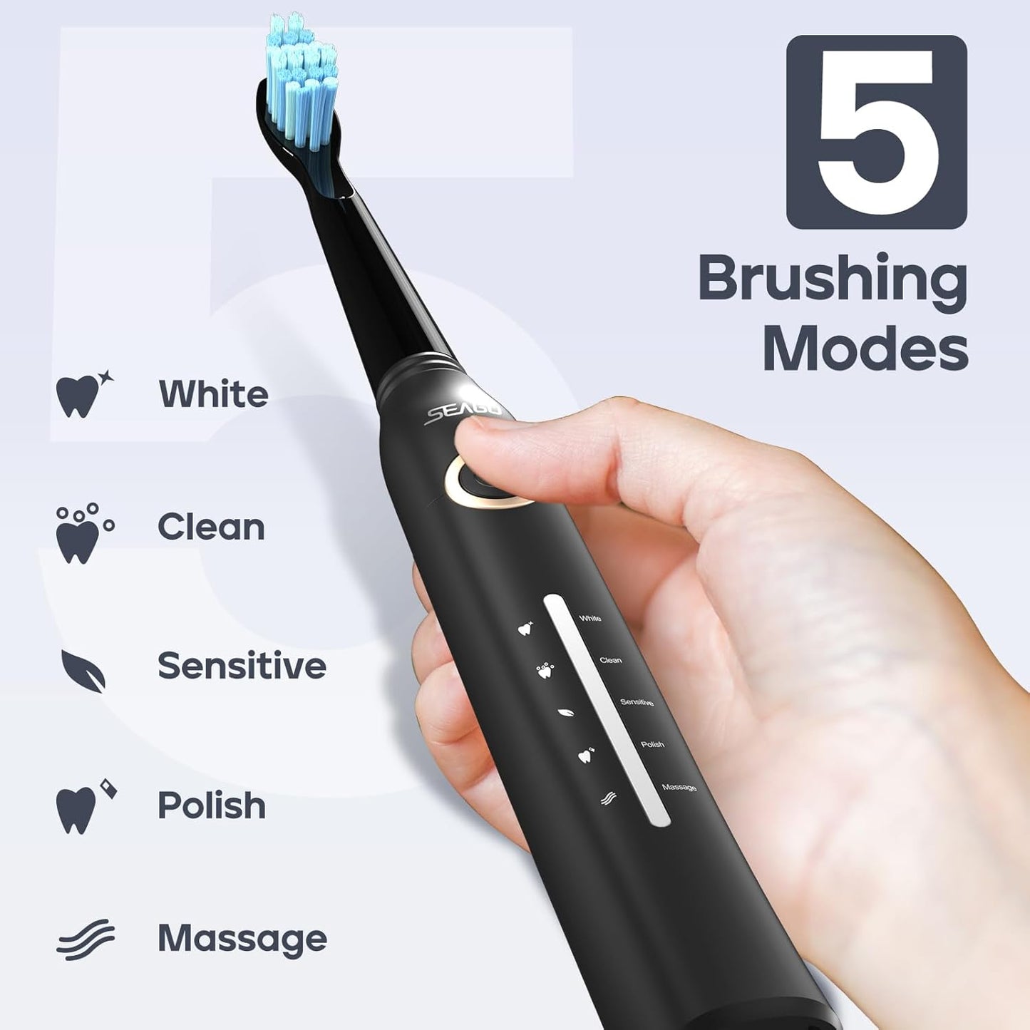SEAGO Electric Toothbrush, Rechargeable Toothbrush for Adults Sensitive Teeth, 8 Brush Heads, 5 Modes with Teeth Whitening, Endurance 30 Days, Kids Electric Toothbrushes 6-12, SG-958(Black)