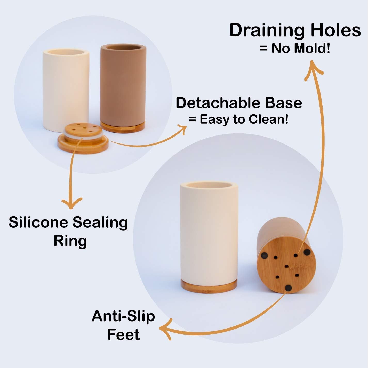 Matani Bamboo Toothbrush Holder Diatomite Tooth Brush Organizer - Storage Stand for Small Bathroom & Counter - Removable Base & Drain Holes, Water-Absorbent & Quick-Drying (Grey & Light Grey)