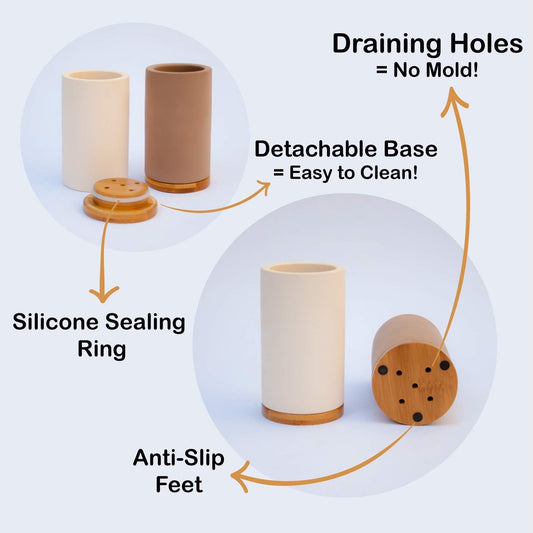 Matani Bamboo Toothbrush Holder Diatomite Tooth Brush Organizer - Storage Stand for Small Bathroom & Counter - Removable Base & Drain Holes, Water-Absorbent & Quick-Drying (Grey & Light Grey)