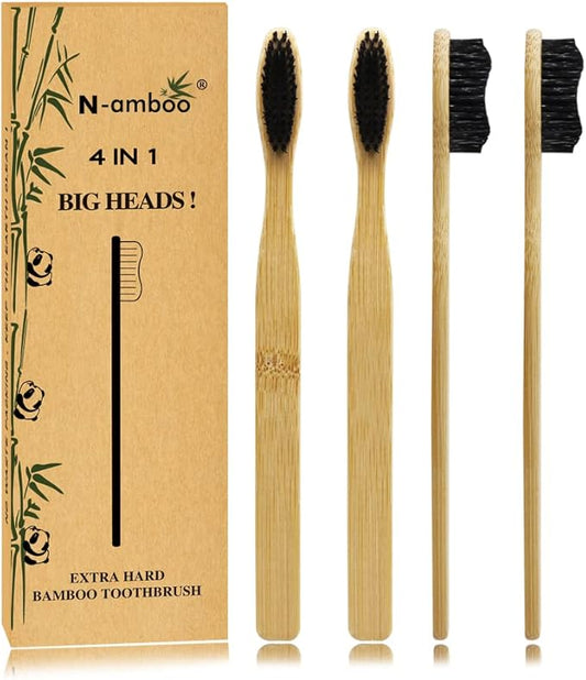Super Hard Toothbrush Bamboo Toothbrush Large Brush Head Manual Toothbrsuh Hard Bristles Pack of 4