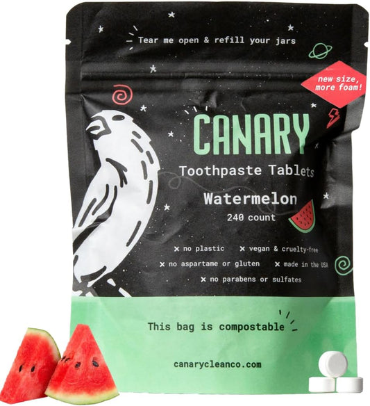 Canary Nano Hydroxyapatite Toothpaste Tablets Watermelon - Remineralizing, Fluoride Free, All Natural Tabs with Xylitol - Great for Kids, Plastic Free - 240 Count