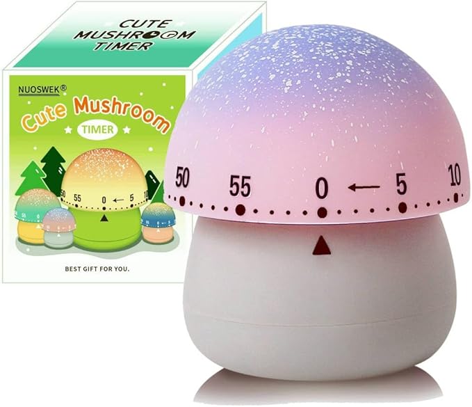 Mechanical Kitchen Timer, Cute Mushroom Timer for Kids, Wind Up 60 Minute Manual Countdown Timer for Classroom, Home, Study and Cooking (Grey Base)