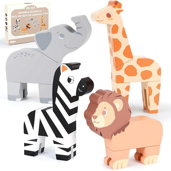 Joyreal Magnetic Mix or Match Jungle Animals Toy Play Set, 16 Pcs Mix and Match Connectable Wooden Building Blocks Play Set Toy for Fine Motor Montessori Game Preschool Educational Gift for Ages 1-5