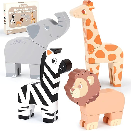 Joyreal Magnetic Mix or Match Jungle Animals Toy Play Set, 16 Pcs Mix and Match Connectable Wooden Building Blocks Play Set Toy for Fine Motor Montessori Game Preschool Educational Gift for Ages 1-5
