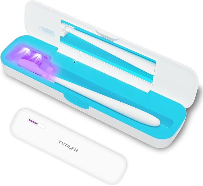 Toothbrush Sanitizer Case, TYPLFH Toothbrush Covers, Portable Toothbrush Travel Holder for Clean and Storage, C Port and AA Batteries Charge, Air Water Filt, Auto-Off, for All Toothbrushes (Blue)