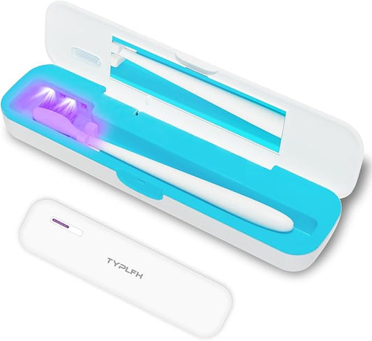 Toothbrush Sanitizer Case, TYPLFH Toothbrush Covers, Portable Toothbrush Travel Holder for Clean and Storage, C Port and AA Batteries Charge, Air Water Filt, Auto-Off, for All Toothbrushes (Blue)
