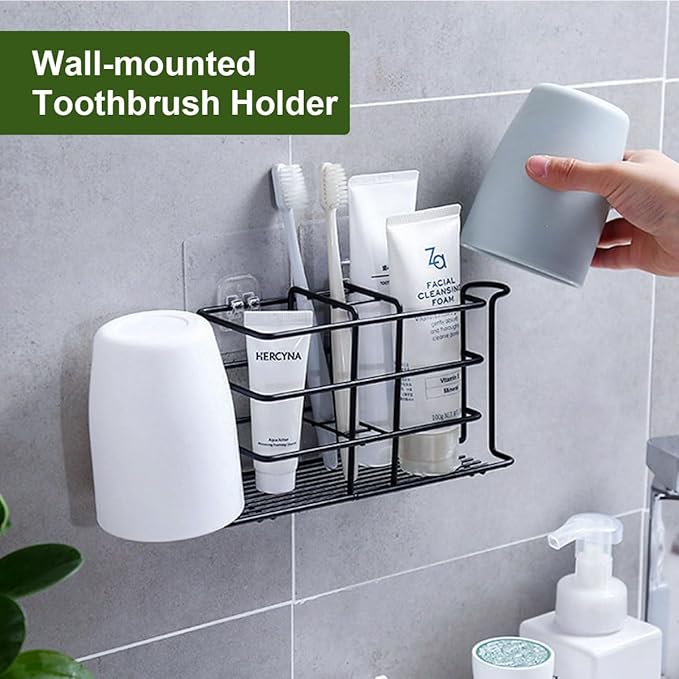 Toothbrush Holder for Bathroom - Metal Countertop Toothbrush and Toothpaste Holder, Creative No-Drill Wall Mounted Tooth Brush Storage Rack Organizer Stand with 2 Mouthwash Cups Hanger (Black)