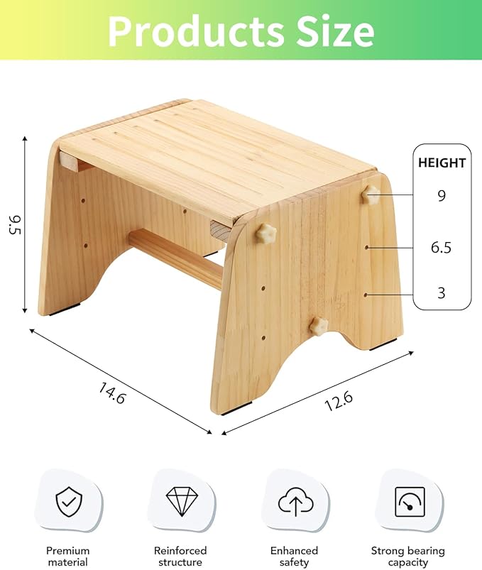 9" Wooden One Step Stool, Todder Step Stool Wood for Kids/Adults/Elderly - Adjustable Height, Lightweight, Anti-Slip, 200 Lbs Beside Stepstool for Bathroom, Kitchen, Bedroom (Natural, Pine)