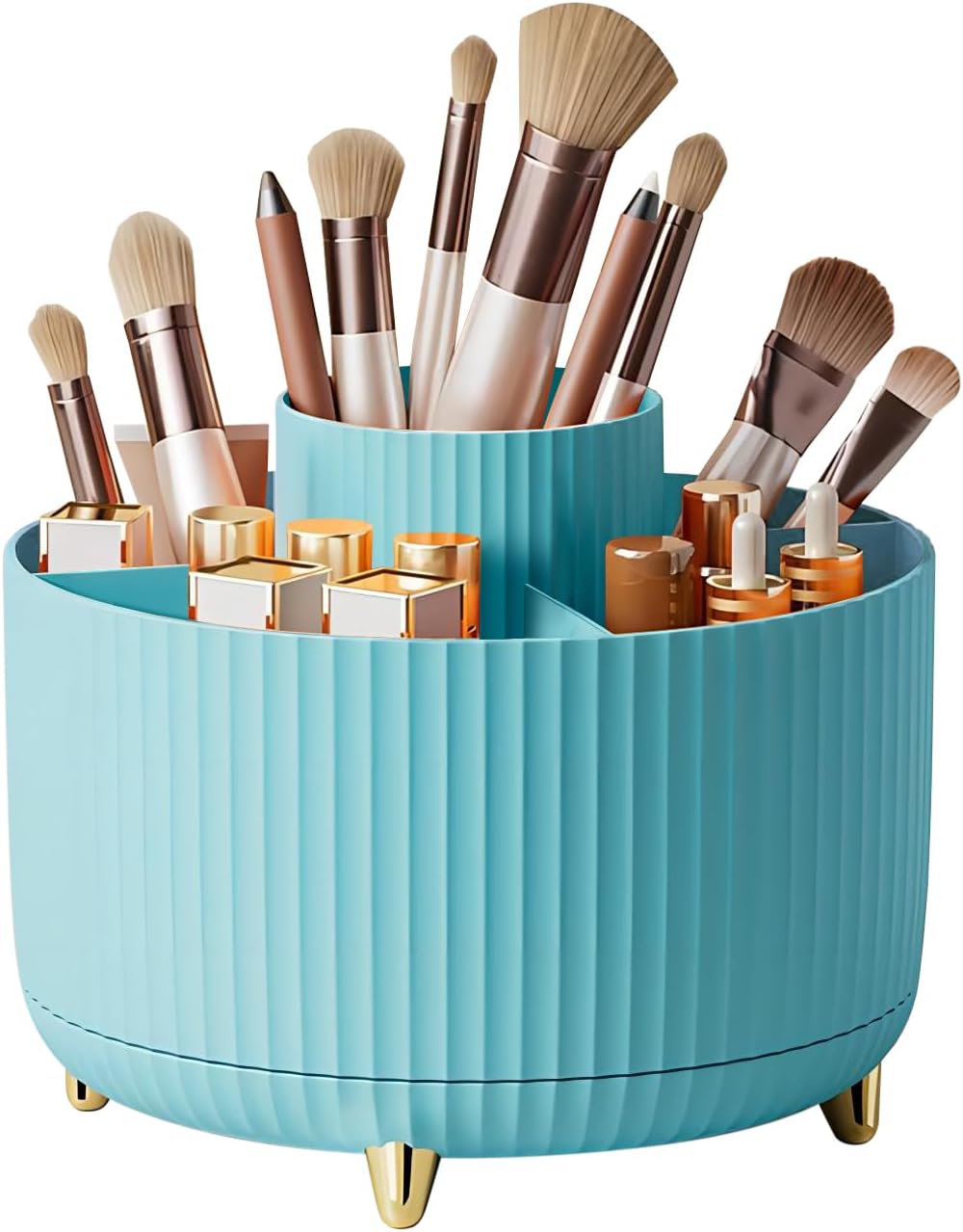 DASITON Large Capacity Makeup Brush Holder,360° Rotating Makeup Organizer,5 Slot Makeup Brushes Cup,for Vanity Decor,Bathroom Countertops,Desk Storage Container,Cosmetic Display cases(Blue)