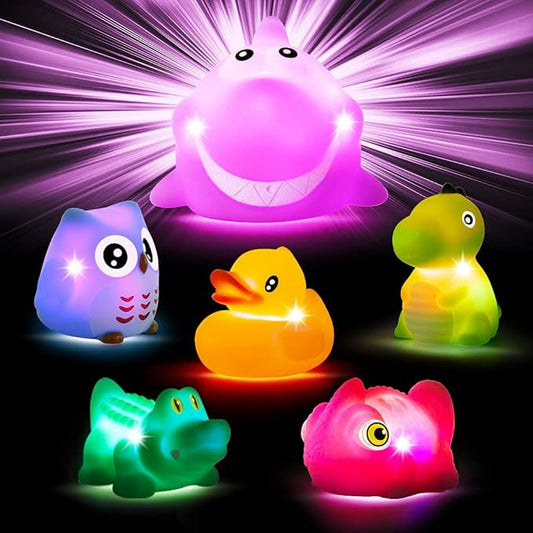 Woby Bath Toys for Toddlers 1-3,No Hole Light Up Bath Toys Baby Bathtub Toys Bathroom Floating Animal Set with Colorful Flashing LED Light for Baby (Funny Forest Animal Style)
