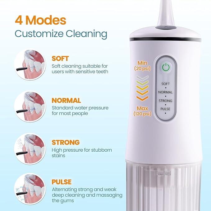 Cordless Water Flosser for Teeth Cleaning Pick - Electric Dental Irrigator with 4 Cleaning Modes & 8 Jet Tips, IPX7 Waterproof, Portable Rechargeable Design for Home & Travel Use,White