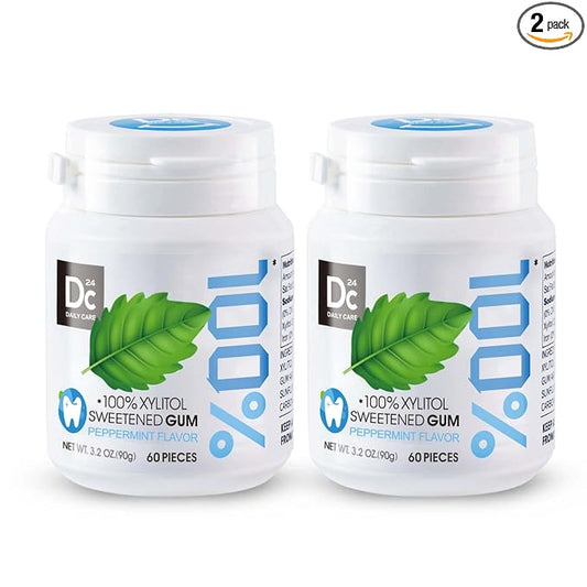 DC24 DAILY CARE 100% Xylitol Gum, No Aspartame, Sugar Free Peppermint Chewing Gum, Natural Flavors, Gluten Free, Vegan, 60 Pieces, Pack of 2