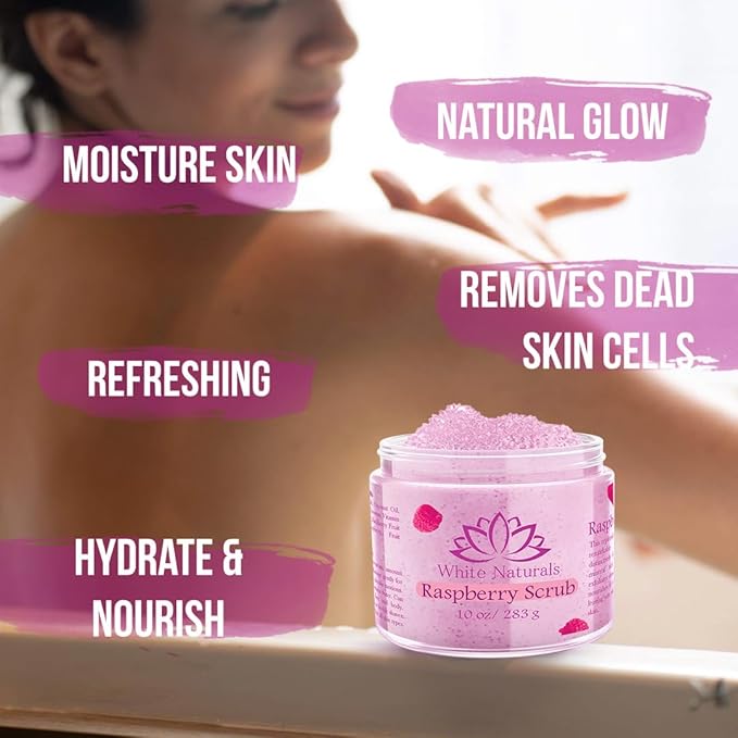 Organic Raspberry Scrub, Natural Exfoliating Salt Body & Face Scrub, Pure Exfoliator Helps with Moisturizing Skin, Cellulite, Dead Skin Cells, Deep Cleansing, Moisturizes 10 oz