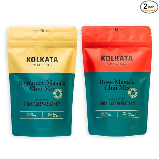 Kolkata Chai Signature Masala Chai & Rose Chai Combo Pack, Makes 40 cups, Premium loose leaf tea and spice blend, All Natural