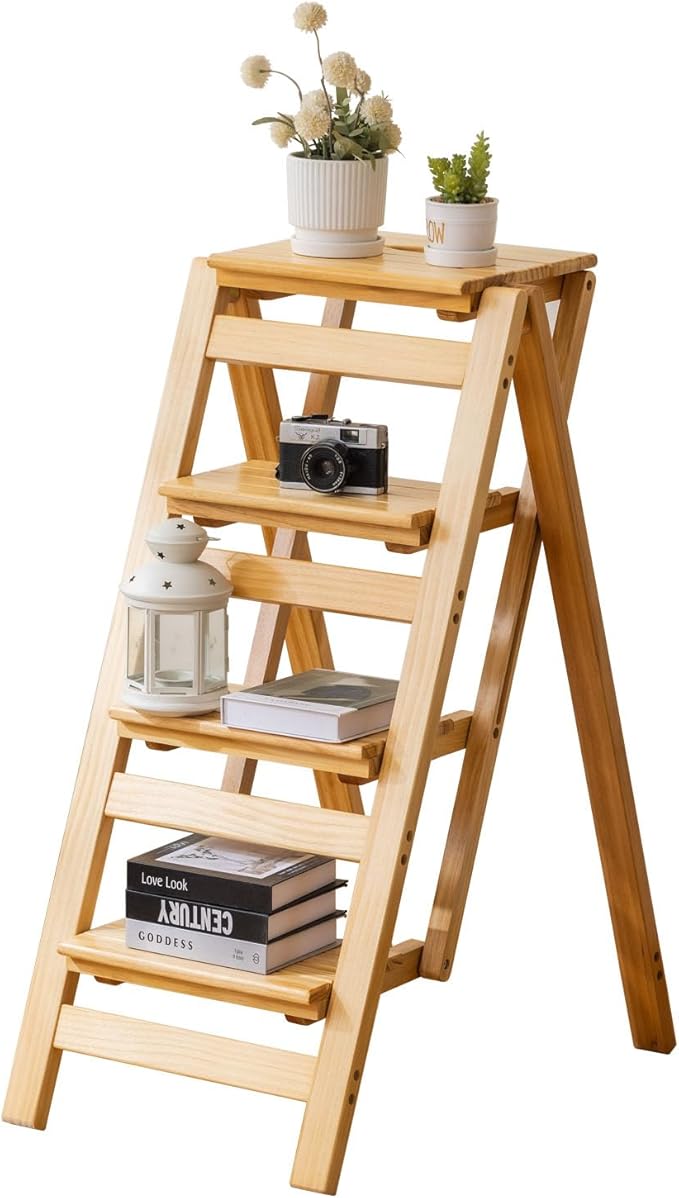 Latifolia Foldable 4 Step Ladder, Wooden Step Stool with Floor Saver, Decorative Ladder Shelf for Living Room, Kitchen, Garden(Nature)