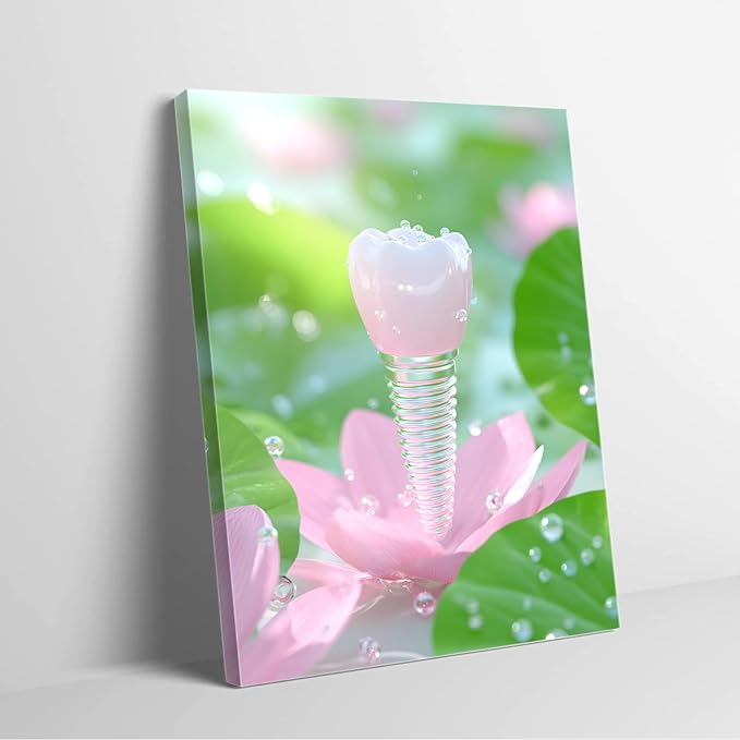 Dental Office Art Print,Lotus Petal Teeth Watercolor,Implant Illustration Canvas,Modern Clinic Decor,8x12inch Framed Painting Ready to Hang