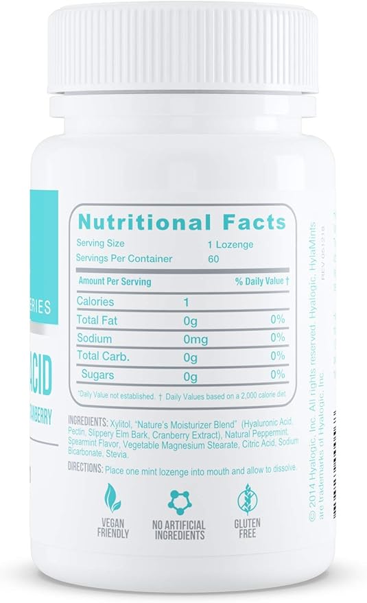 Hyalogic Oral Care Dry Mouth Mints - Hyaluronic Acid HA & Xylitol Lozenges for Hydration - Natural Mint Breath Freshener, Sugar-Free & Vegan Friendly (60 ct)