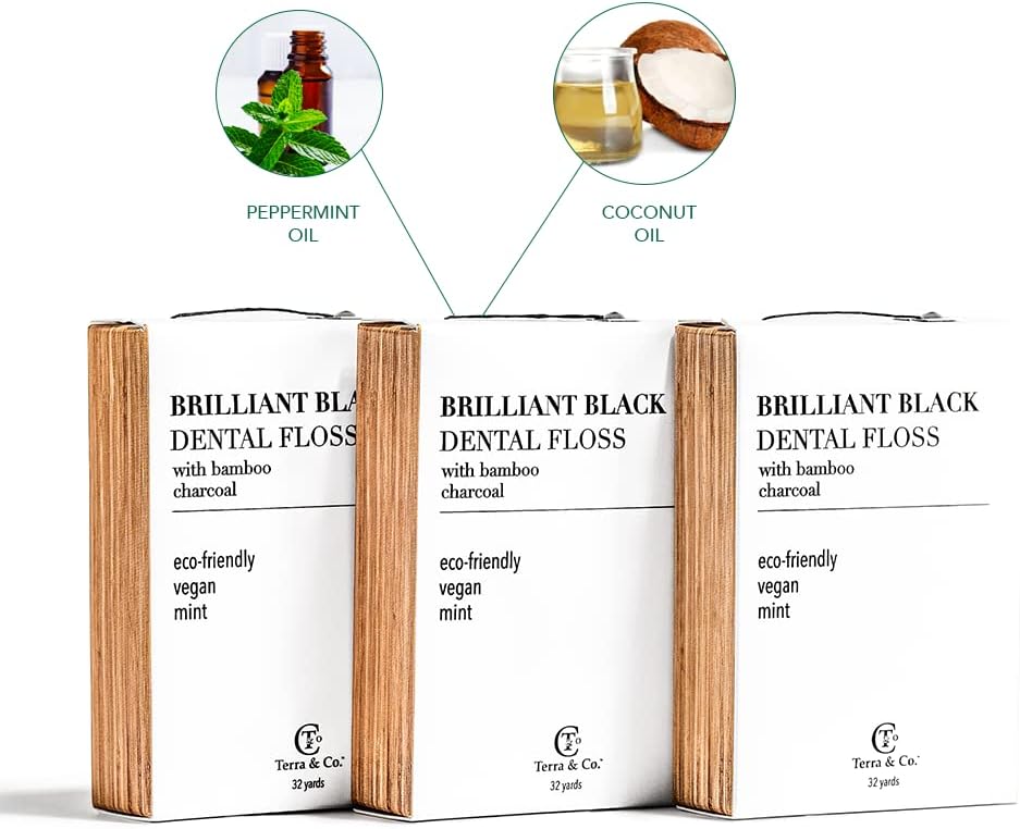 Terra & Co., Brilliant Black Dental Floss (3 Pack) | Organic Teeth Whitening Products | All Natural, with Activated Bamboo Charcoal | Vegan & Cruelty Free | Luxury Dental Care