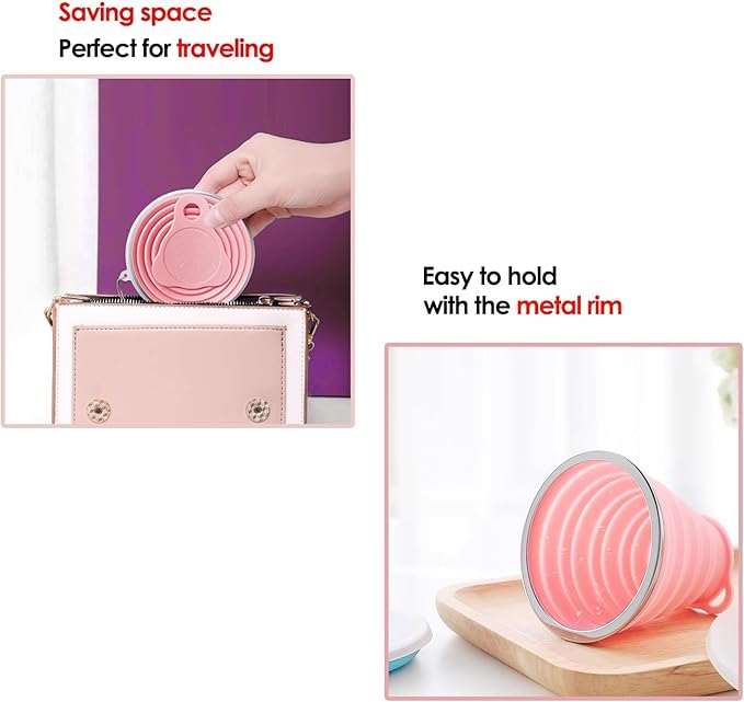 Silicone Collapsible Cups for Camping Travel,Small Portable Backpacking Camping Cup for Outdoor,Reusable Drinking Cup with Scale,270ml(Pink)
