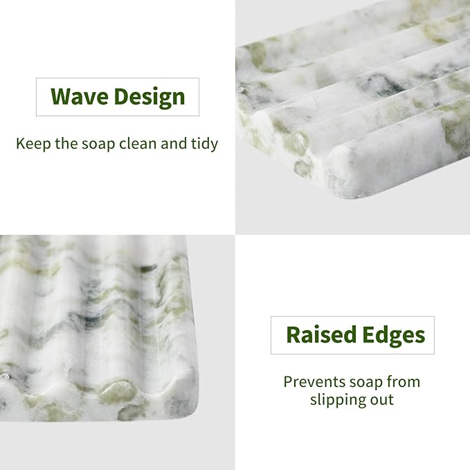 Marble Soap Dish, Large Stone Bar Soap Holder Shower, Green Bathroom Soaps Saver, Easy Cleaning Natural Stone Sponge Holder for Kitchen Sink, Executive Jewelry Ring Tray
