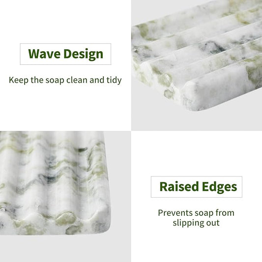 Marble Soap Dish, Large Stone Bar Soap Holder Shower, Green Bathroom Soaps Saver, Easy Cleaning Natural Stone Sponge Holder for Kitchen Sink, Executive Jewelry Ring Tray