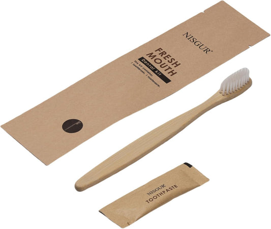 Disposable Toothbrush with Toothpaste Kit 100 Pack Bamboo Toothbrush with Pre-Pasted Set Eco and Non Plastic Individually Wrapped Hotel Supplies and Toiletries for Guests