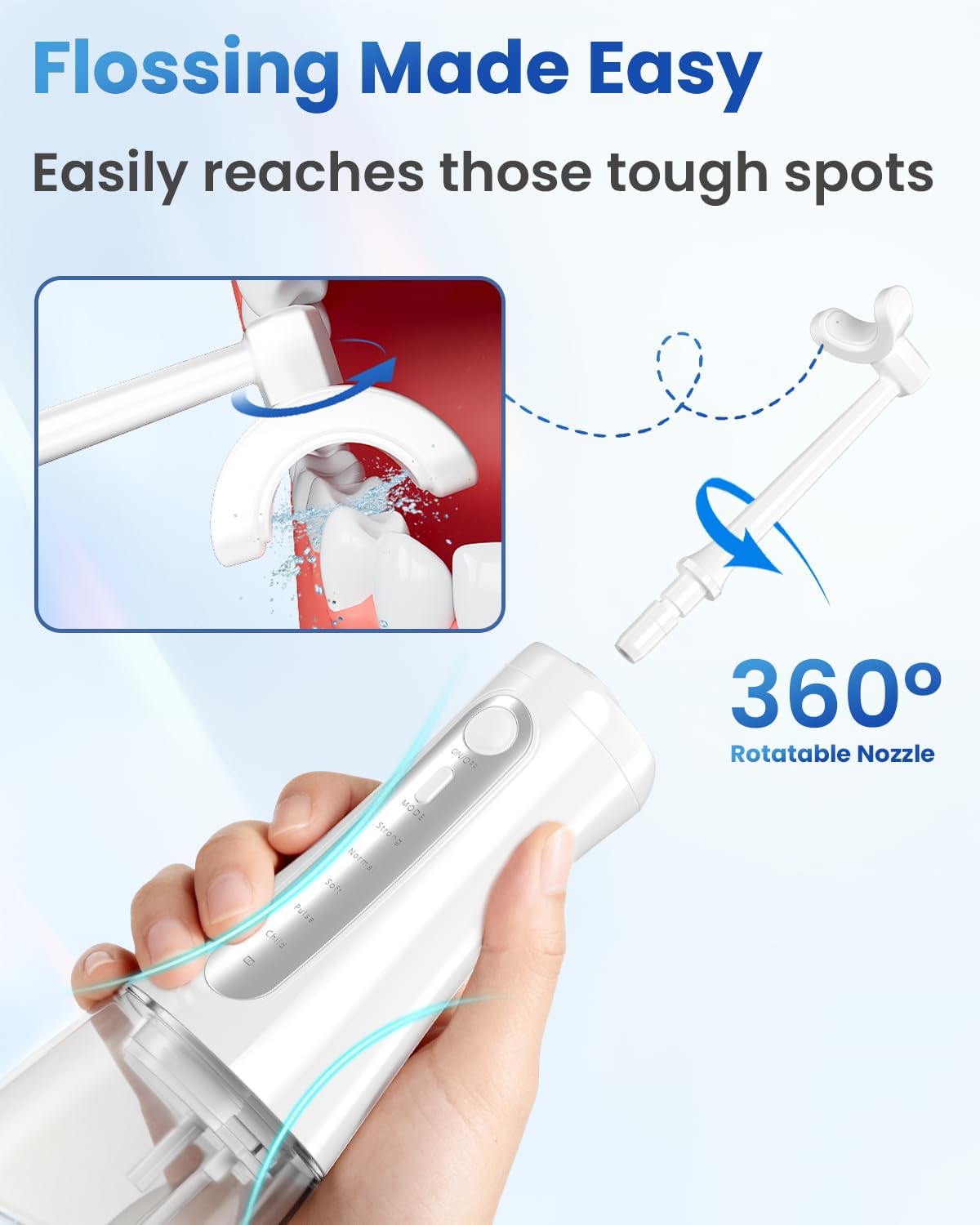 Cordless Water Flosser for Teeth Cleaning Pick, U-Shaped Flossing Head for 360° Deep Clean, 5 Modes & 9 Jet Tips, IPX7 Waterproof, Rechargeable & Portable Oral Irrigator for Travel, 350ML Large Tank