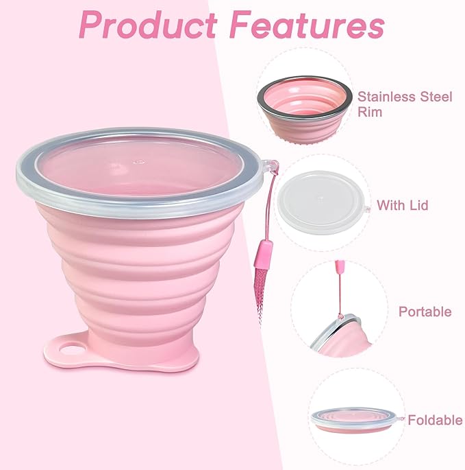 Silicone Collapsible Cup with Lid – Portable Collapsible Travel Cup for Hot and Cold Drinks – Leakproof Collapsible Cups for Camping, Hiking, Office (2 Pack)
