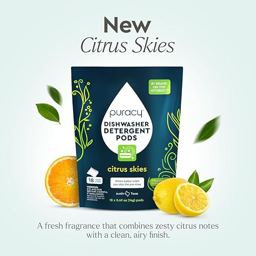 Puracy Dishwasher Pods, Natural Dishwasher Detergent, Free & Clear Dish tabs - Enzyme-Powered, Spot & Residue Free - TikTok Trend Items, Must Haves from TikTok Made Me Buy It (Citrus Skies, 18 Count)
