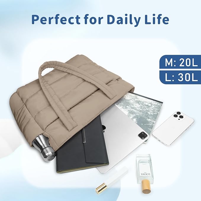 TOPDesign Puffer Tote Bag for Women, Lightweight Puffy Handbag with Compartments, Quilted Shoulder Bag for Work, Travel, Gym