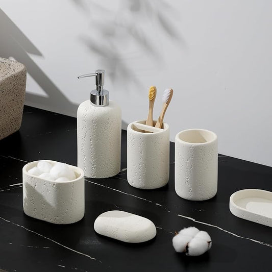 Bathroom Accessories Set, 5PCS Modern Bathroom Accessory Set with Soap Dispenser, Mouthwash Cup & Toothbrush Holder, Qtip Holder, Tray