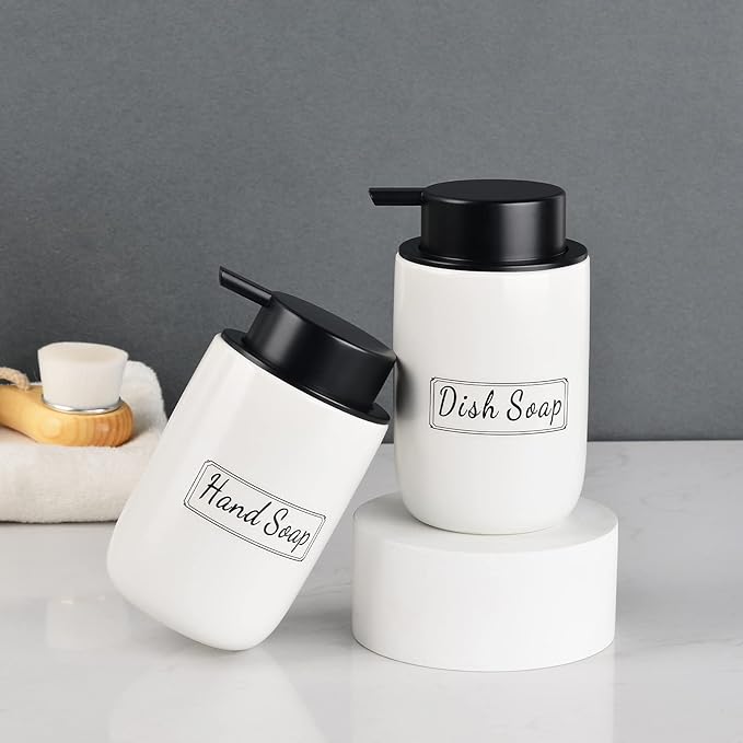 BosilunLife White Soap Dispenser Set - 2 Pack 12oz Ceramic Dish Soap Dispenser with Rust Proof Pump for Kitchen, Hand Soap and Lotion Set Suitable for Farmhouse Bathroom Decor with Waterproof Labels