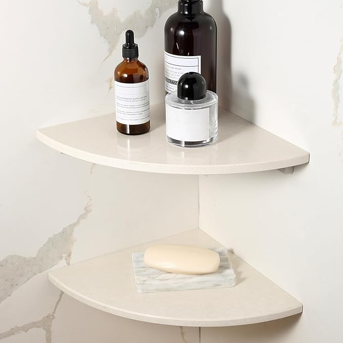 Koville 2 Pcs Marble Corner Shower Shelves for Bathroom, 10'' Marble Corner Shelf for Bath, Wall Mounted Stone Shower Caddy, No Drilling Adhesive Bathroom Shelf - Sahara Sand (No Glue Included)