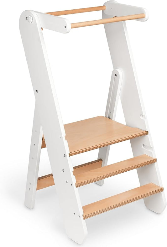 Comfy Cubs Kids Step Stool for Ages 3+, 3 Height Adjustable Toddler Tower, Montessori Furniture Designed in The US - Toddler Standing Tower for Kitchen Sink & Bathroom Access - White