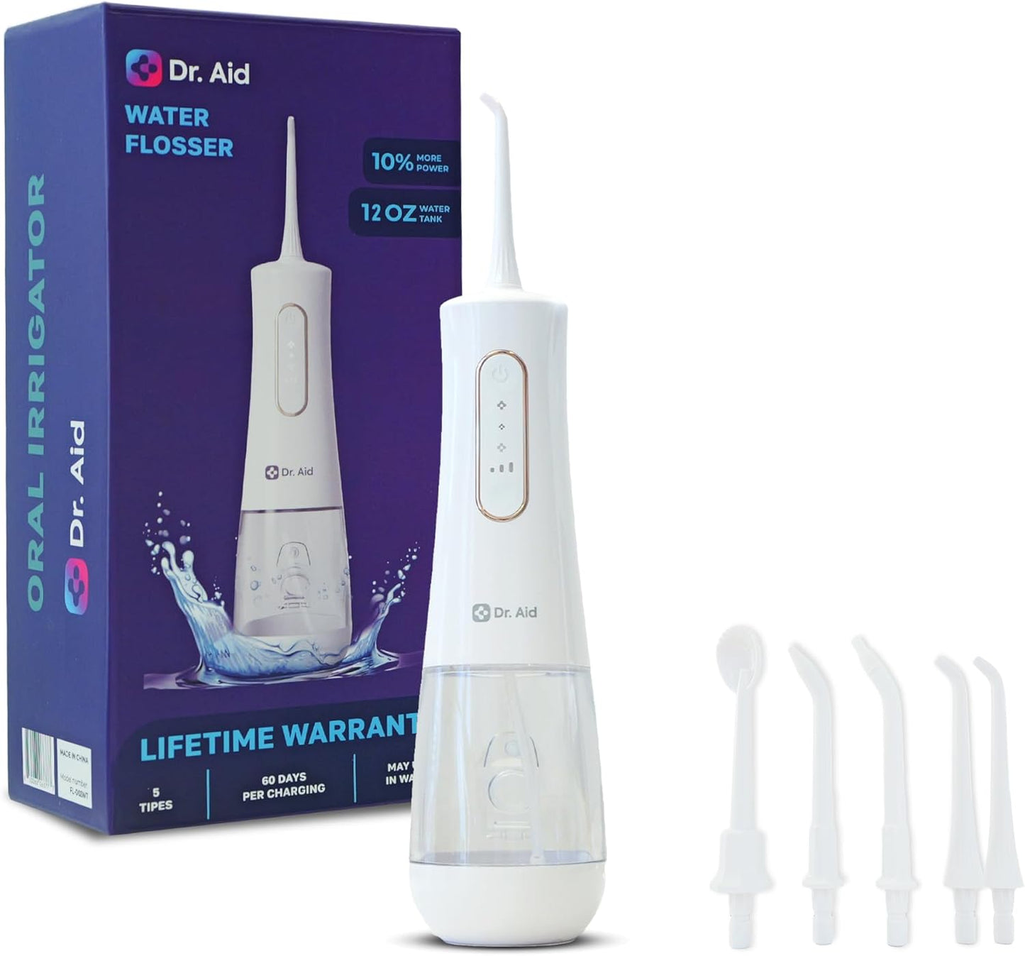 Dr. Aid Dental Water Flosser – Portable Oral Irrigator – 12Oz Tank, Water Filter, 5 Tips, Type C Charger – IPX8 Waterproof Cordless Water Flosser, Ideal Water Flossers for Teeth, Gums, Braces (White)