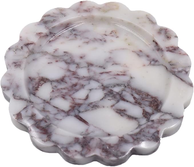 Round Marble Decorative Tray with Scalloped Edge, Luxury Natural Stone Bathroom Vanity Tray, Dresser Top Perfume Coffee Home Kitchen Sink Tray, Key Trinket Ring
