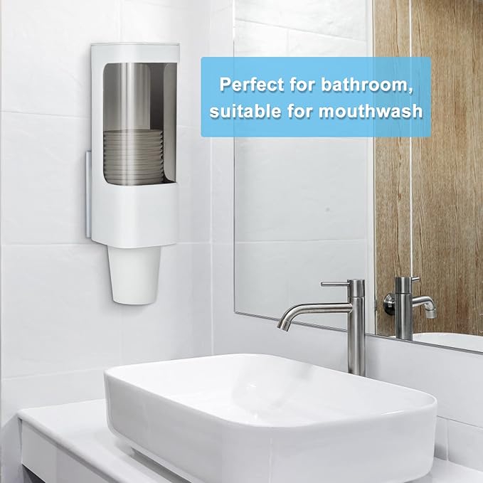 LBTING Water Cooler Cup Dispenser, Pull Type Cup Holder Fit 3oz - 5oz Small Bathroom Disposable Cups, Adhesive Wall Mounted Cup Dispenser - White