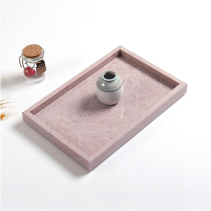 Yew & Tulip Natural Pink Marble Vanity Tray, Nature Rose Cream Marble Serving Tray for Bathroom, Kitchen, Vanity, Home Decor, Wedding etc. (12" x 8" x 1.2")