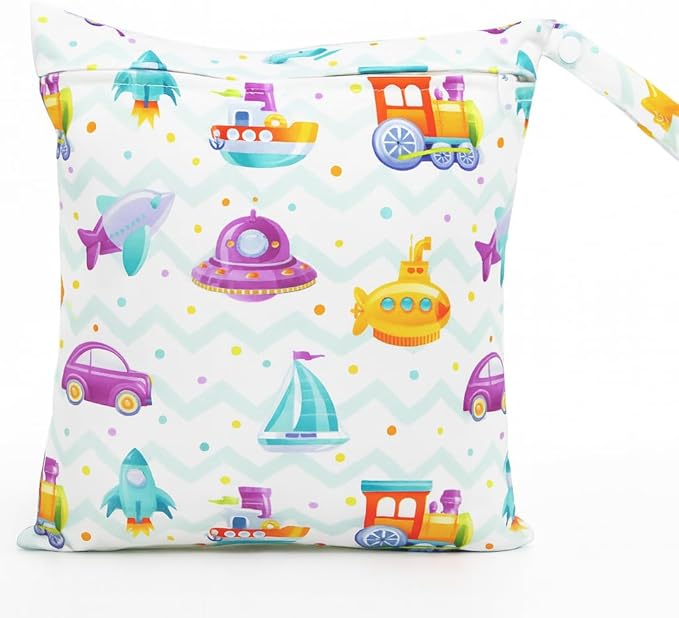 Waterproof Wet Dry Bag, Reusable Diaper Pouch with Zipper, Machine Washable Travel Organizer for Beach, Daycare, Kids, Dinosaur Pattern (Purple UFO)
