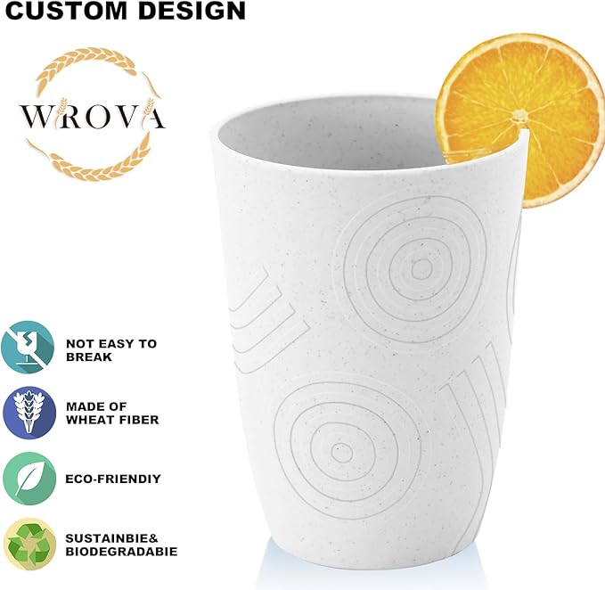 Wrova Wheat Straw Water Cups 16oz with Etched Pattern - Alternative Plastic Drinking Glasses Set of 6 - Unbreakable Tumbler Reusable Water Cups for Kids - White