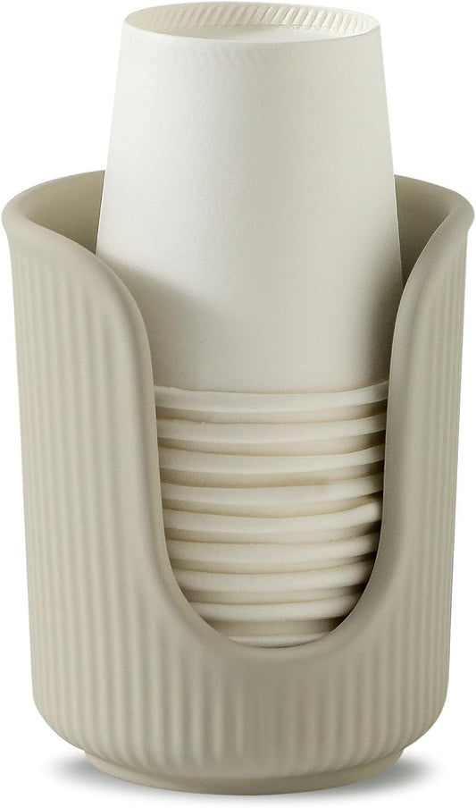 Ceramic Bathroom Cup Dispenser with Stylish Vertical Stripes - Disposable Mouthwash Cup Holder Holds 3-4oz Paper Cups for Rinsing Cups on Bathroom Vanity Countertops (Matte Beige)