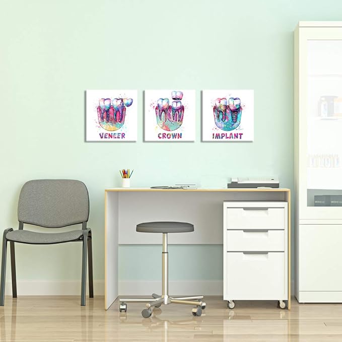 KLVOS Medical Wall Art Print Abstract Colorful Tooth Picture Dental Treatment Teeth Medical Canvas Prints Art Decor Great Gift for Dental Clinic Hospital Chemist Stretched Ready to Hang 12"x12"x3pcs