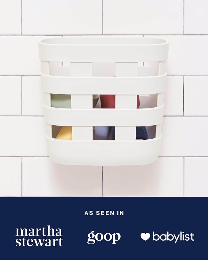 Lalo Bath Time Storage Bin - Keep Items Organized & Dry with Non-Toxic Plastic, Easy Cleanup, Removable Drying Bin, Woven Baby Organizer, Secure Wall Attachment, 9 x 5.5 x 8.5 in - Coconut