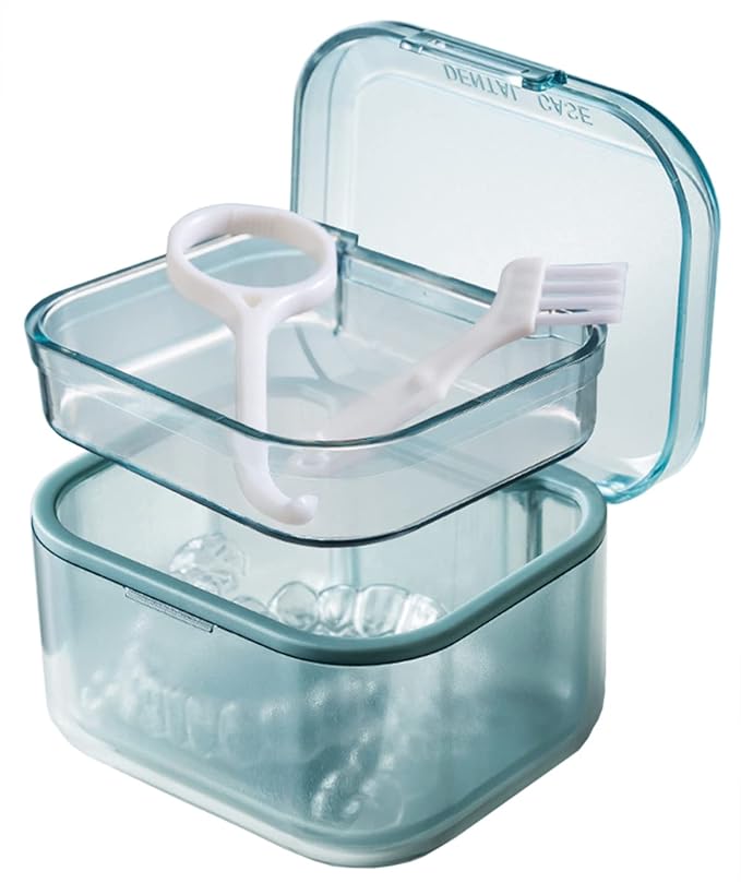 MURRI&MURRDI Retainer Case, Denture Bath Box with Strainer Basket, Mouth Guard Case, Braces Cleaner Cup, Cute Denture Cleaning Holder for Travel Retainer Storage Soak Container (B Blue)