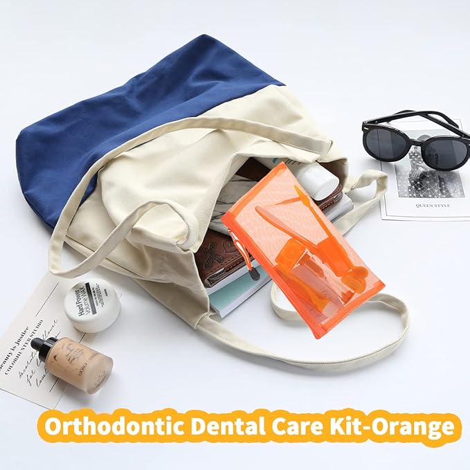 Braces Cleaning Kit for Teeth, Portable Orthodontic Toothbrush Kit Oral Care Dental Travel Kit - Interdental Brush Dental Wax Dental Floss Toothbrush Box (Orange)
